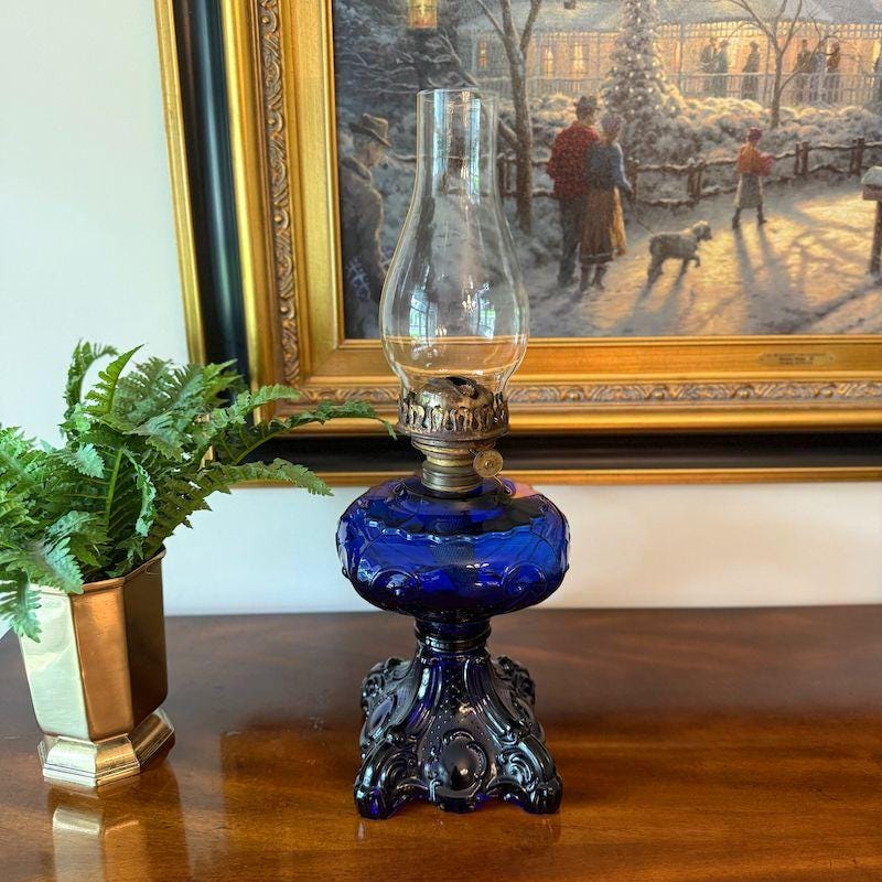 Antique Cobalt Blue Princess Feather Glass Oil Lamp 19