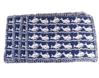 Placemats Beach Core Whale Set of 4 Blue White Reversable Homespun 19 x 14