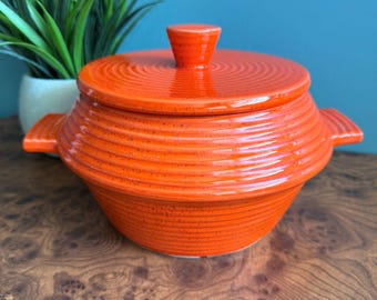 Vintage California Pottery USA Casserole Orange Speckled Ribbed MCM 1950's 2 PC