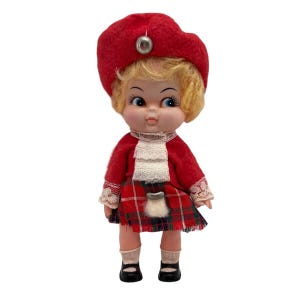 Vintage Monteiths Scottish Girl Doll Sleepy Eye Souvenir Costume Plastic 7.5 In