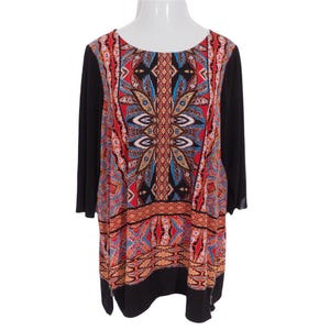 Rafaella Womens Top SIze 1X Tunic Multi Color Zip Side Slits Ikat Stretch 3/4 Sleeve