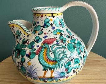 Vintage Derutta Girasole Italy Pitcher Handpainted Rooster Floral Green Blue