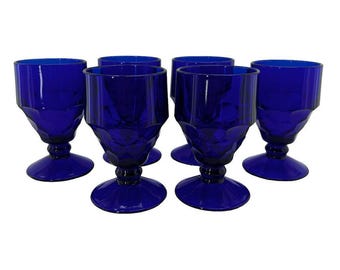 6 Vintage Viking Colbalt Blue Iced Tea Goblets Georgian Honeycomb 5-1/2 Footed