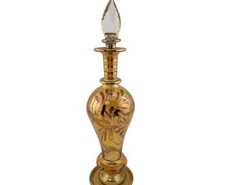 Flacon de parfum égyptienne vintage soufflé à la main, long bouchon pêche avec de l'or haut