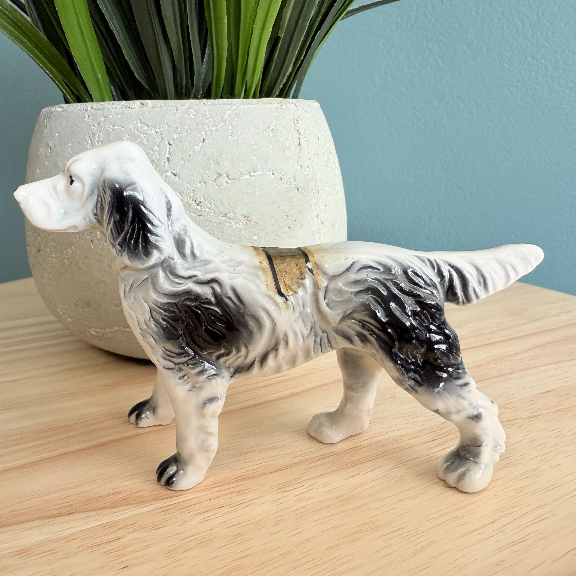 Vintage Porcelain English Setter Dog Figurine Black White Japan W