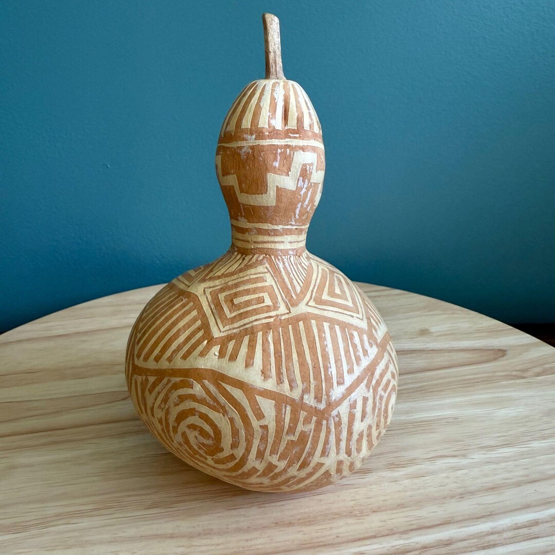 Vintage Hand-carved Peru Native American Gourd With Intricate Geometric ...