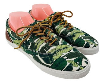 Zapatillas Bucketfeet para hombre, talla 10, estilo tenis, con estampado de hojas tropicales, lona y piel sintética.