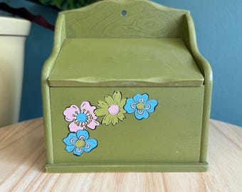 Vintage Wooden Recipe Box With Floral Design by Giftwood Japan