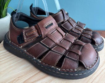 Vtg Thom McAn Mens Size 11 W Brown Leather Fisherman Sandals Y2K 90s