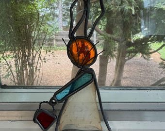 Vintage Stained Glass Girl Rabbit Bunny Sun Catcher w Bucket + Dress Hand Crafted