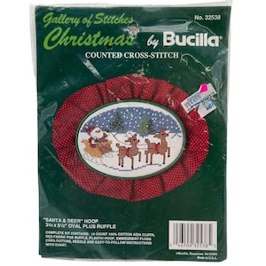 Bucilla Christmas Counted Cross Stitch Kit &quot;Santa & Deer&quot; Hoop 3.75&quot; X 5.5&quot; Oval Plus Ruffle