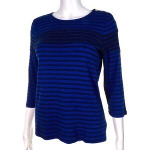 Suéter tipo jersey azul y negro a rayas con detalles de botones dorados para mujer de Charter Club