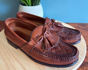 Johnston & Murphy Mens 9.5 Halsey Loafer Woven Leather Tasseled Cognac Brown