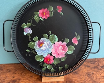Vintage Toleware Tray Handled Reticulated Fine Arts Studio Hand-Painted Floral