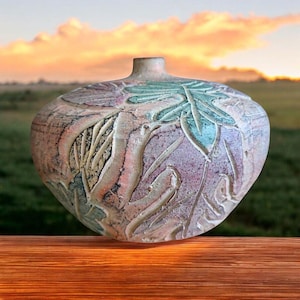 Handcrafted Thai Ceramic Vase With Leaf Relief Design - 7&quot; Tall X 8&quot; Wide - Multicolor Pink/Green/Beige