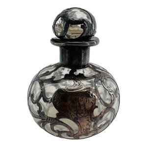 Large Antique Perfume Bottle w Sterling Silver Overlay Engraved Glass
