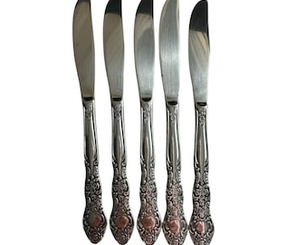 Vtg International INS154 Knives Solid Roses Set Of 5 Stainless Flatware Floral