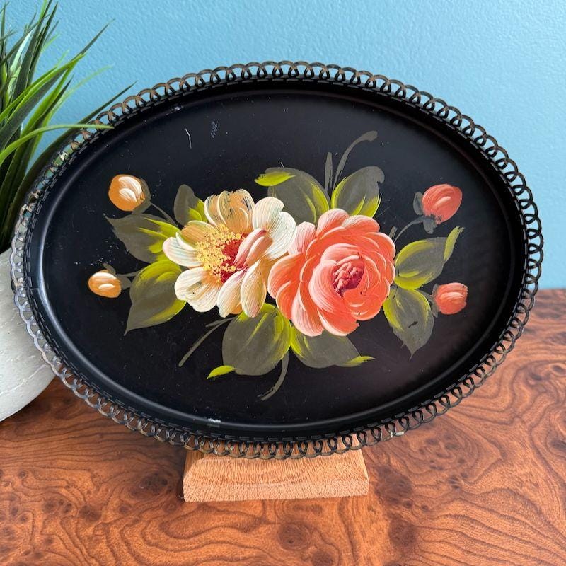 Vintage Tole Tray Oval Reticulated Black Floral 9 X 7 - Etsy