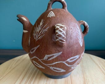 工芸品 Peruvian Quenua harvest pottery Vintage Peruvian Quinua Vessel Pitcher Zoomorphic Rustic Jug Red