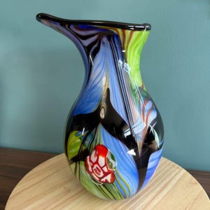 Hand Blown Abstract Teardrop Art Glass Vase with Angled Lip 13&quot; Tall Floral Heavy