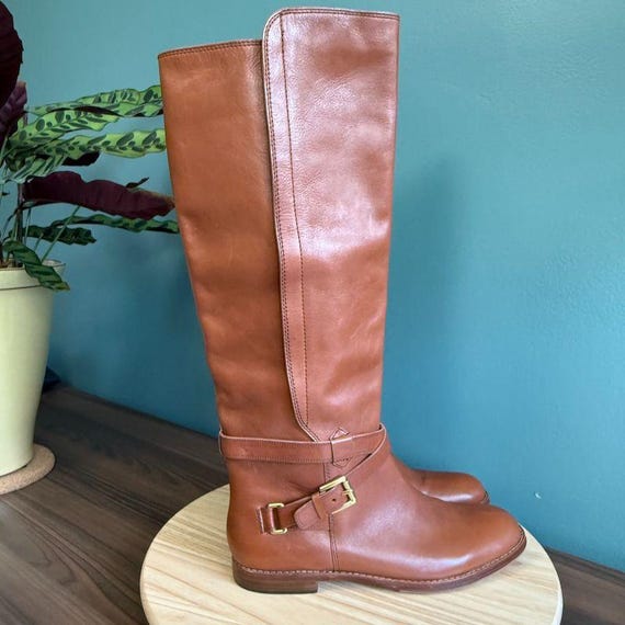 Kniehohe Stiefel Damen Stiefel Blockabsatz Cognac Coach Damen