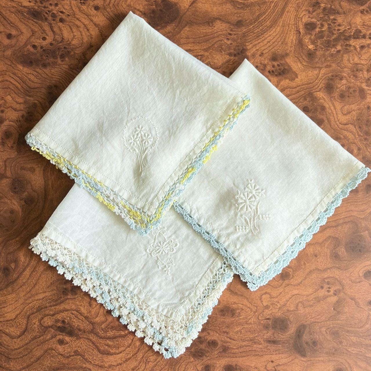 3 Vintage Irish Linen Womens Handkerchiefs 12x12 Floral Embroidery