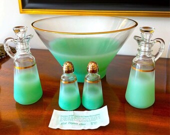 Blendo Green Fade Salad Bowl Salt Pepper Shaker Oil Vinegar Set Anchor Hocking
