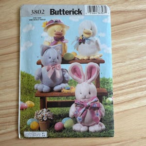 Vintage Butterick 3802 Soft Stuff Animal Sewing Pattern Bunny Duck Cat One SizeUSA