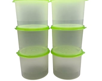 6 doorzichtige vintage tupperware bakjes 250 groene deksels NOS 2-1 / 2 kopjes