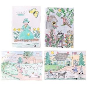 NOS Set 4 Vintage Style Handgezeichnete Folk Art Grußkarten mit Umschlägen PA
