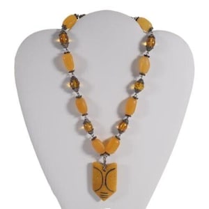 Vintage Chunky Beaded Yellow Necklace With Ethnic Pendant & Toggle Clasp