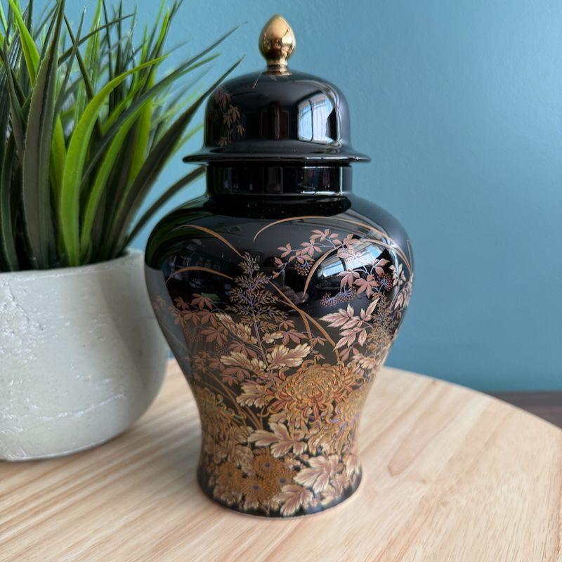 Vtg Shibata Japanese Ginger Jar Dragonflies Black Gold Tenmoku