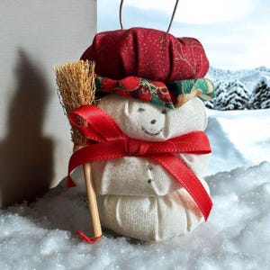 Vintage Handcrafted Fabric Snowman Ornament With Hat & Broom White Red Green 4&quot;