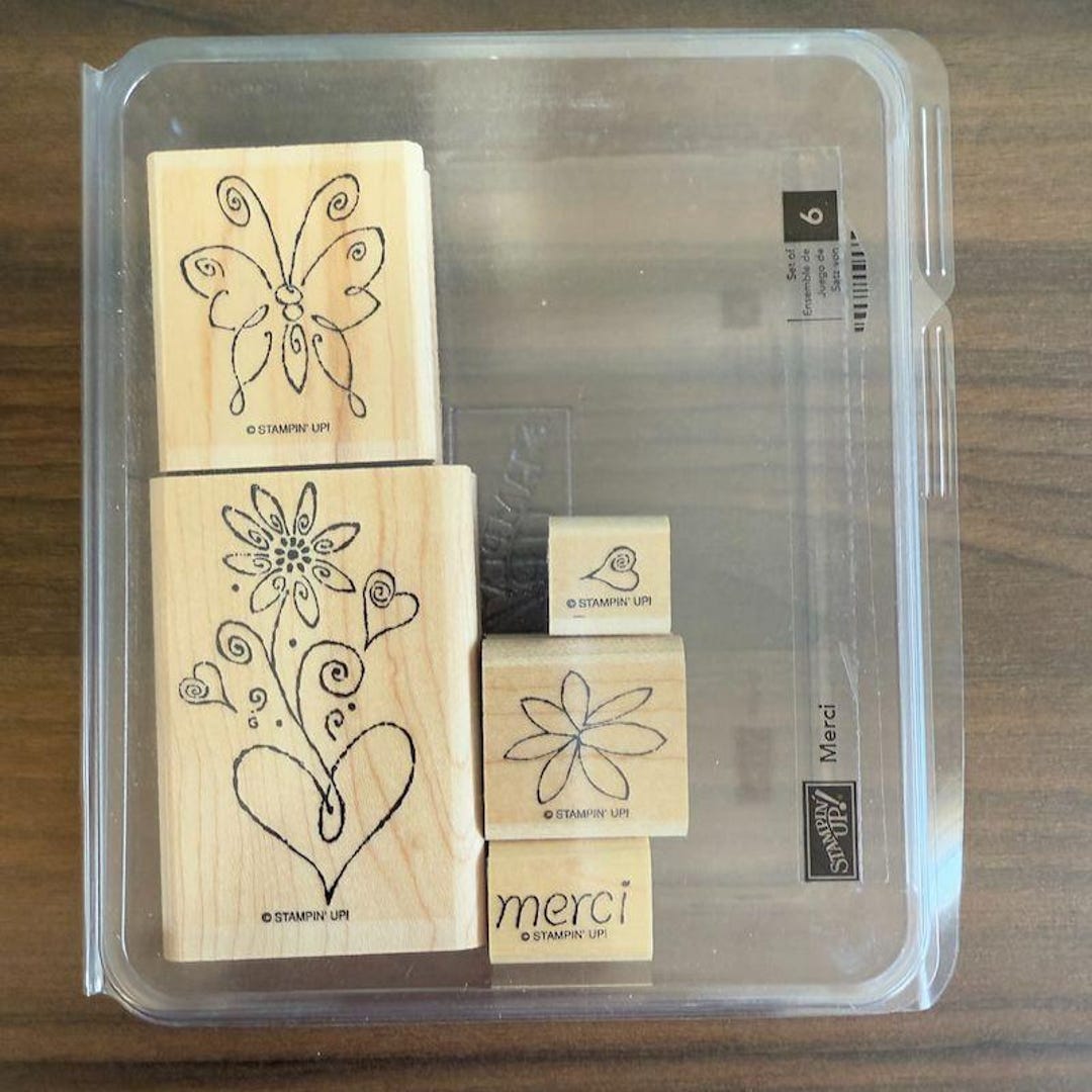 Stampin Up! Merci Butterfly Flower Rubber Stamp Set of 5 With Wooden ...