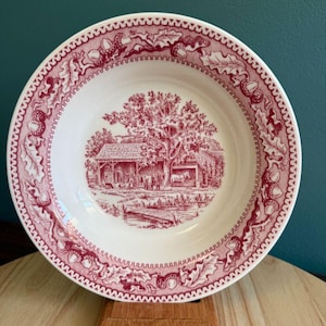Vintage 1965 Memory Lane Royal China Ironstone 8.25&quot; Soup Bowl Red Transferware Farm Scene