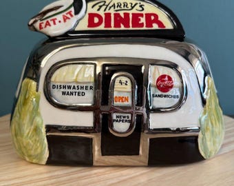 Vintage Henry Cavanagh Harrys Diner Ceramic Cookie Jar Retro Black & White EUC