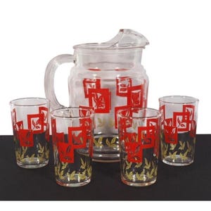 Federal Glass Co Set Juice Pitcher and Glasses Art Deco Red Yellow Mid Century