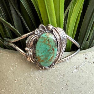 Vintage Navajo Turquoise Sterling Cuff Bracelet Signed H Wood Adjustable