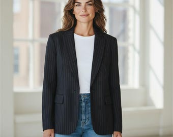 VTG Jones New York damesblazer maat 8 zwarte krijtstreep enkele borst getailleerd jaren 90