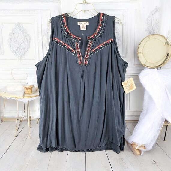 Lark+grey Womens 1X Aztex Boho Embroidered Tunic Top Blue Pom-pom Trim  Sleeveless - Etsy Denmark