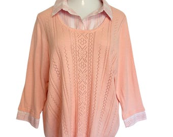 Suéter Alfred Dunner para mujer, talla 1X, color melocotón, tejido de punto, dos en uno, manga 3/4, rayas lisas.