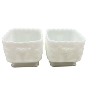 Vintage Anchor Hocking Milk Glass Square Grape Footed Planter Candy Dish EUC