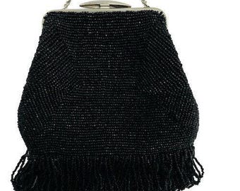 Vintage Black Beaded Evening Purse Clutch with Fringe Silver Clasp &amp; Chain