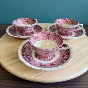 Set Of 3 Vintage Masons Vista Red Ironstone Tea Cups & Saucers Made In England