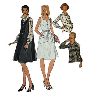May include: Illustration of vintage women's fashion designs. The designs include a black dress with a white polka dot blouse, a white button-down dress with pockets, and two patterned blouses. The image is a retro style.