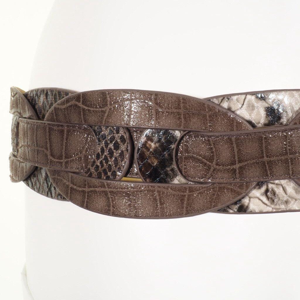 Chicos Brown Croc Embossed Leather Belt With Snake Print  display picture 1