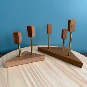 2 Vintage Triangular Candle Holders MCM Wooden + Brass 1960's