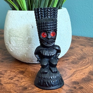 Vintage Coco Joe's Hawaii Tiki Lava Statue Ruby Red Birthstone Eyes 4" H Black