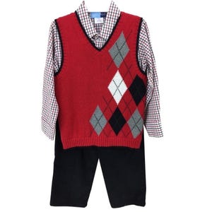 Conjunto de 3 piezas de suéter con rombos Goodlad para niño, talla 5/6, camisa a cuadros roja y pantalón negro