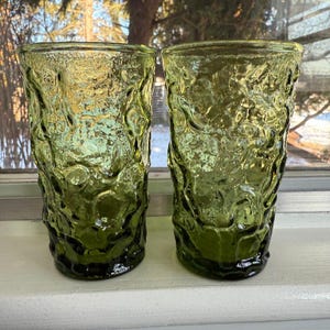 Vintage Anchor Hocking Lido Milano Avocado Green 1960s 4&quot; Juice Glass Set of 2